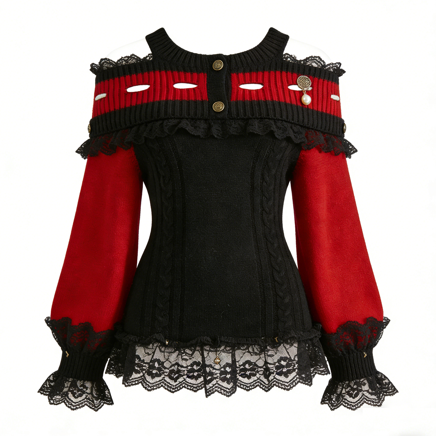 Red Black Lace Off Shoulder Knit Top