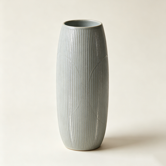 Tall Ribbed Grey Blue Ceramic Vase