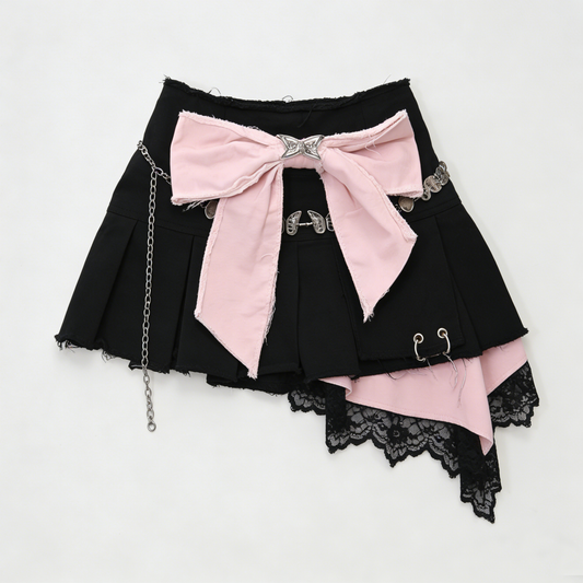 Black Pink Bow Asymmetrical Skirt