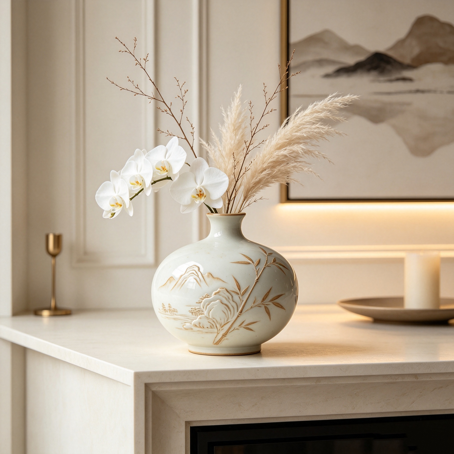 White Porcelain Landscape Bamboo Vase