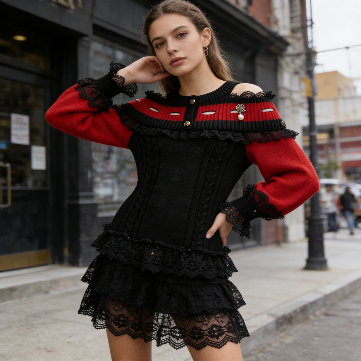 Red Black Lace Off Shoulder Knit Top