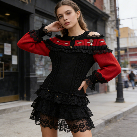 Red Black Lace Off Shoulder Knit Top