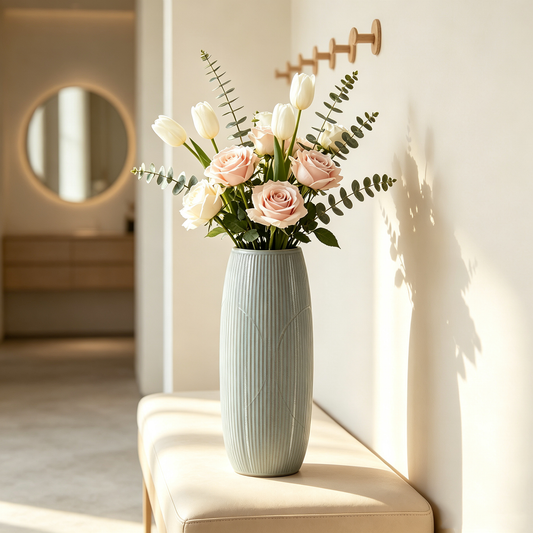 Tall Ribbed Grey Blue Ceramic Vase