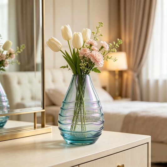 Teal Iridescent Swirl Glass Vase