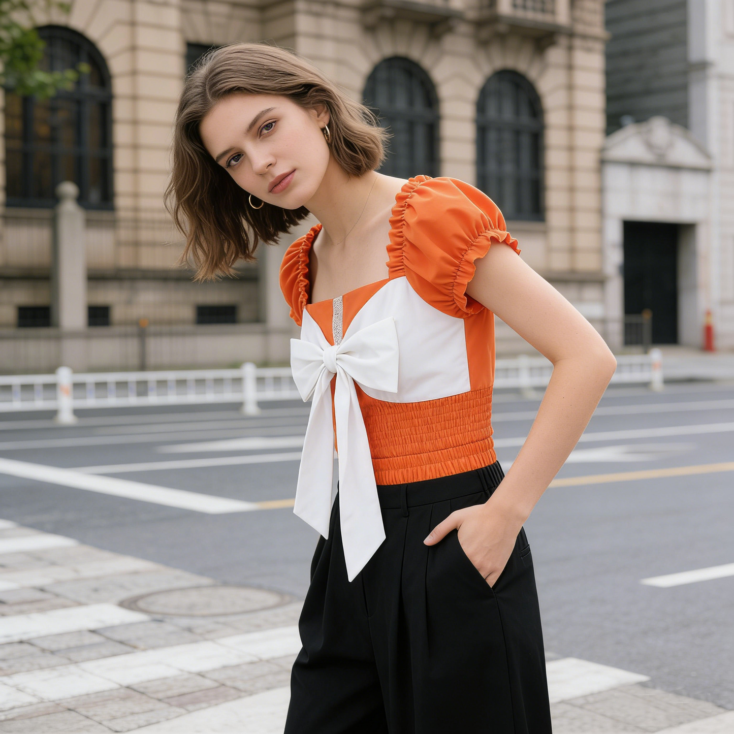 Orange White Bow Mini Dress