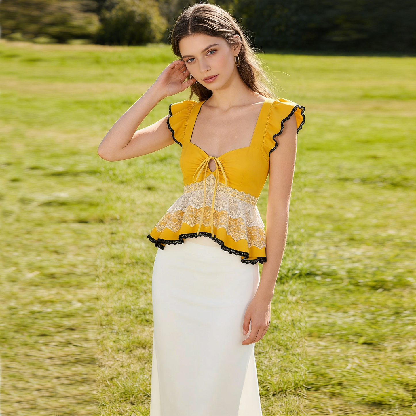Yellow White Lace Peplum Top