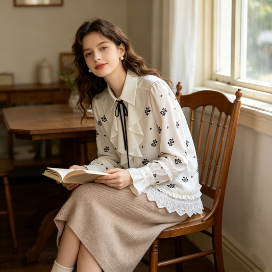 White Black Floral Blouse
