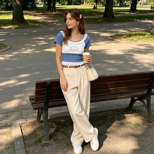 Blue White Cloud Lace Tee