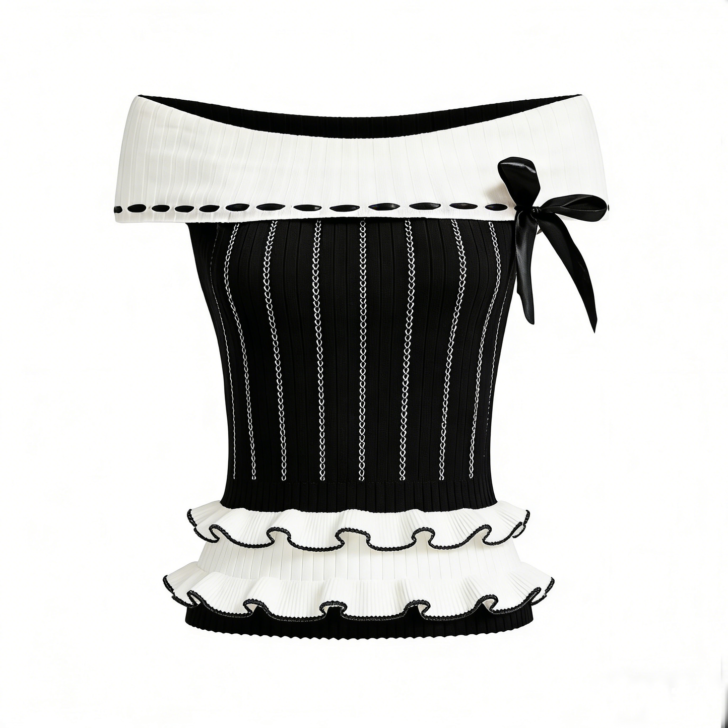 Black White Off Shoulder Knit Top