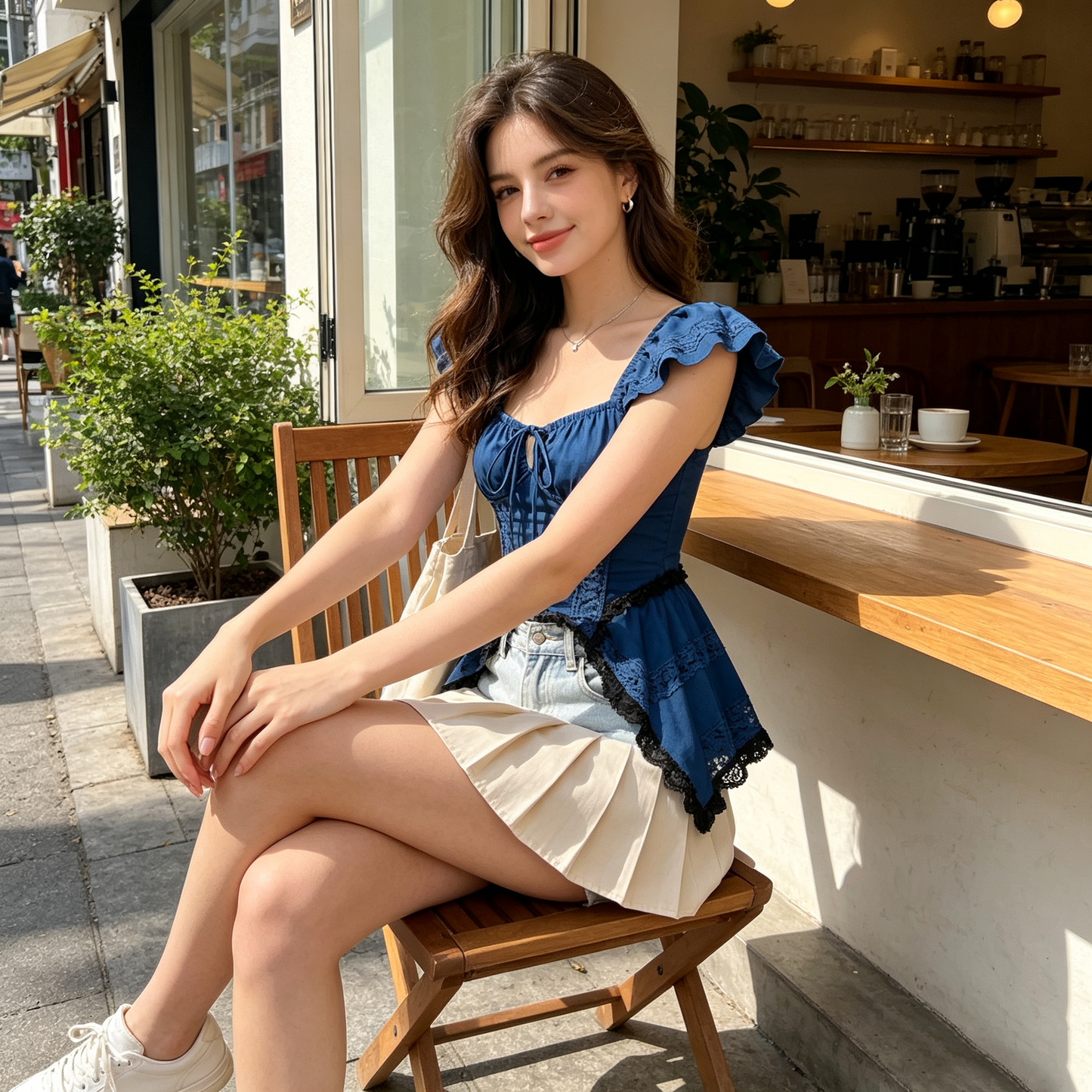 Navy Blue Lace Asymmetrical Top