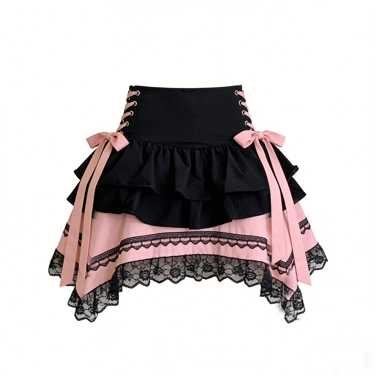 Black Pink Lace Ruffle Skirt