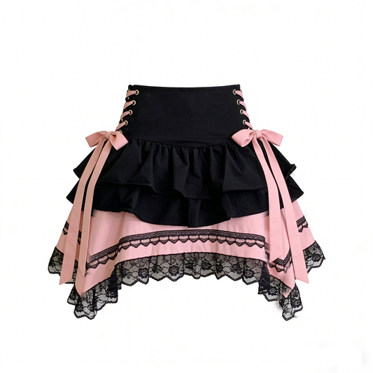 Black Pink Lace Ruffle Skirt