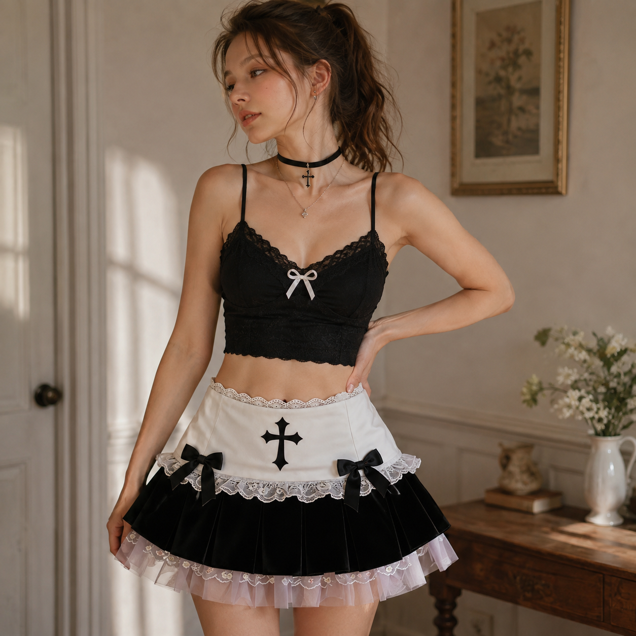 Cross Bow Velvet Layered Skirt