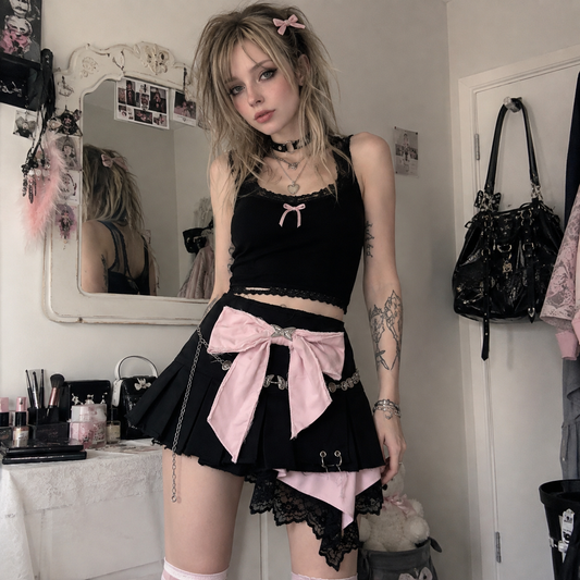 Black Pink Bow Asymmetrical Skirt